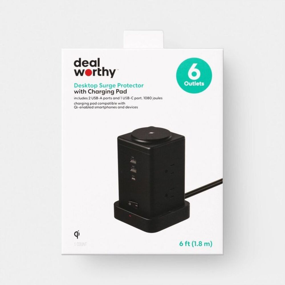 Surge Protector Tower with 6 Outlets, USB-C & USB-A - 6ft Cord